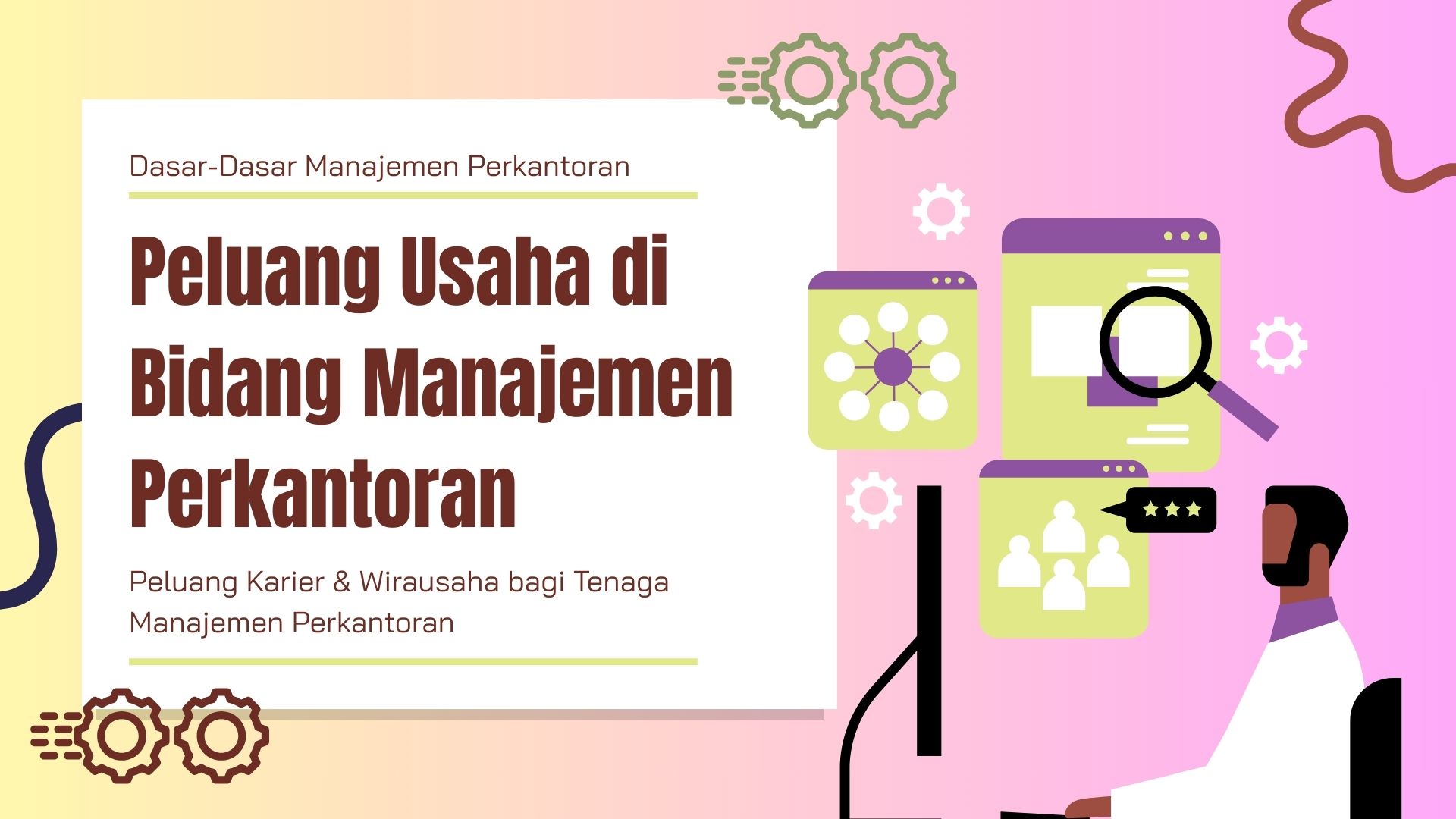Presentasi Materi-Peluang Usaha di Bidang Manajemen dalam Gaya Ilustratif Ungu dan Kuning