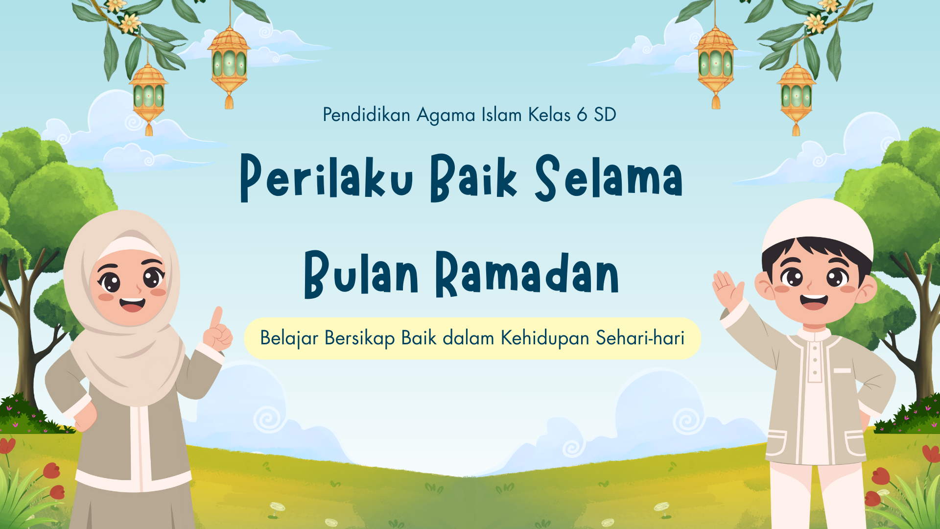 Presentasi Materi-Perilaku Baik Selama Bulan Ramadan dalam Gaya Ilustratif Biru dan Hijau