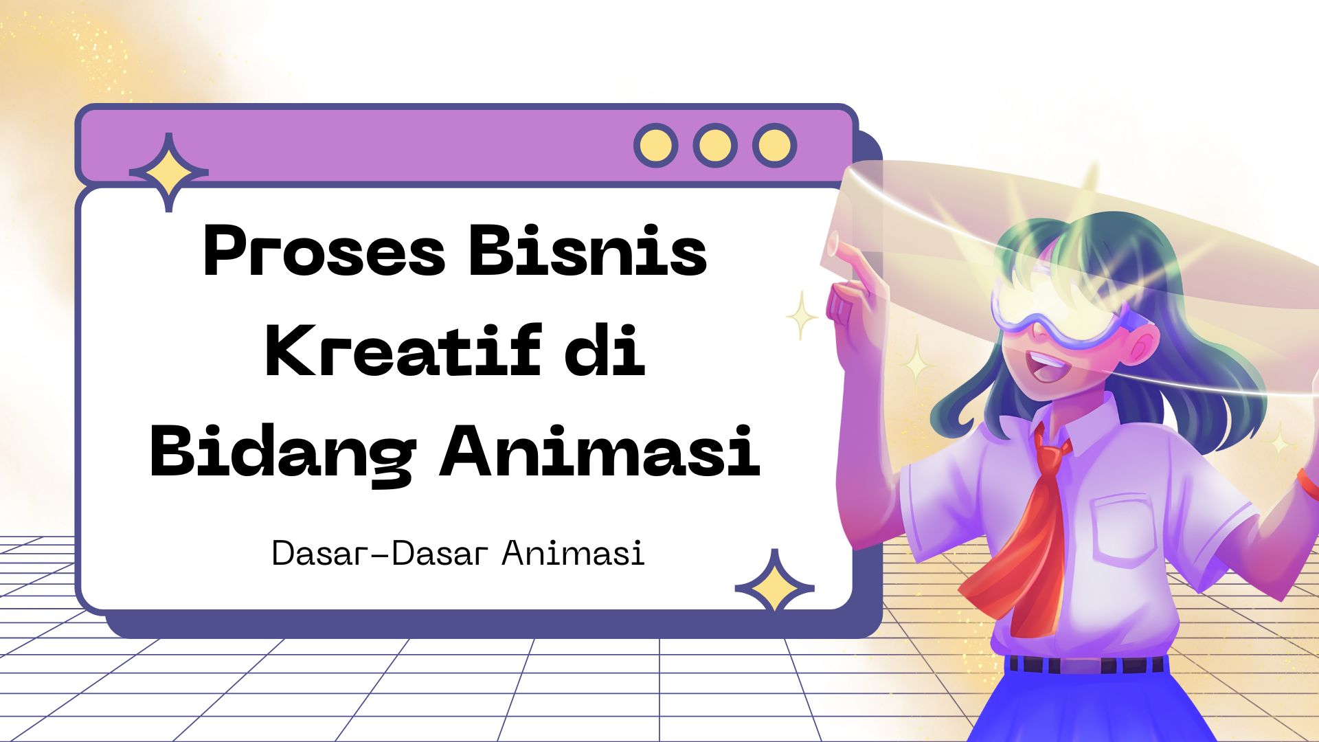Presentasi Materi-Proses Bisnis Kreatif Bidang Animasi dalam Gaya Ilustratif Ungu dan Biru
