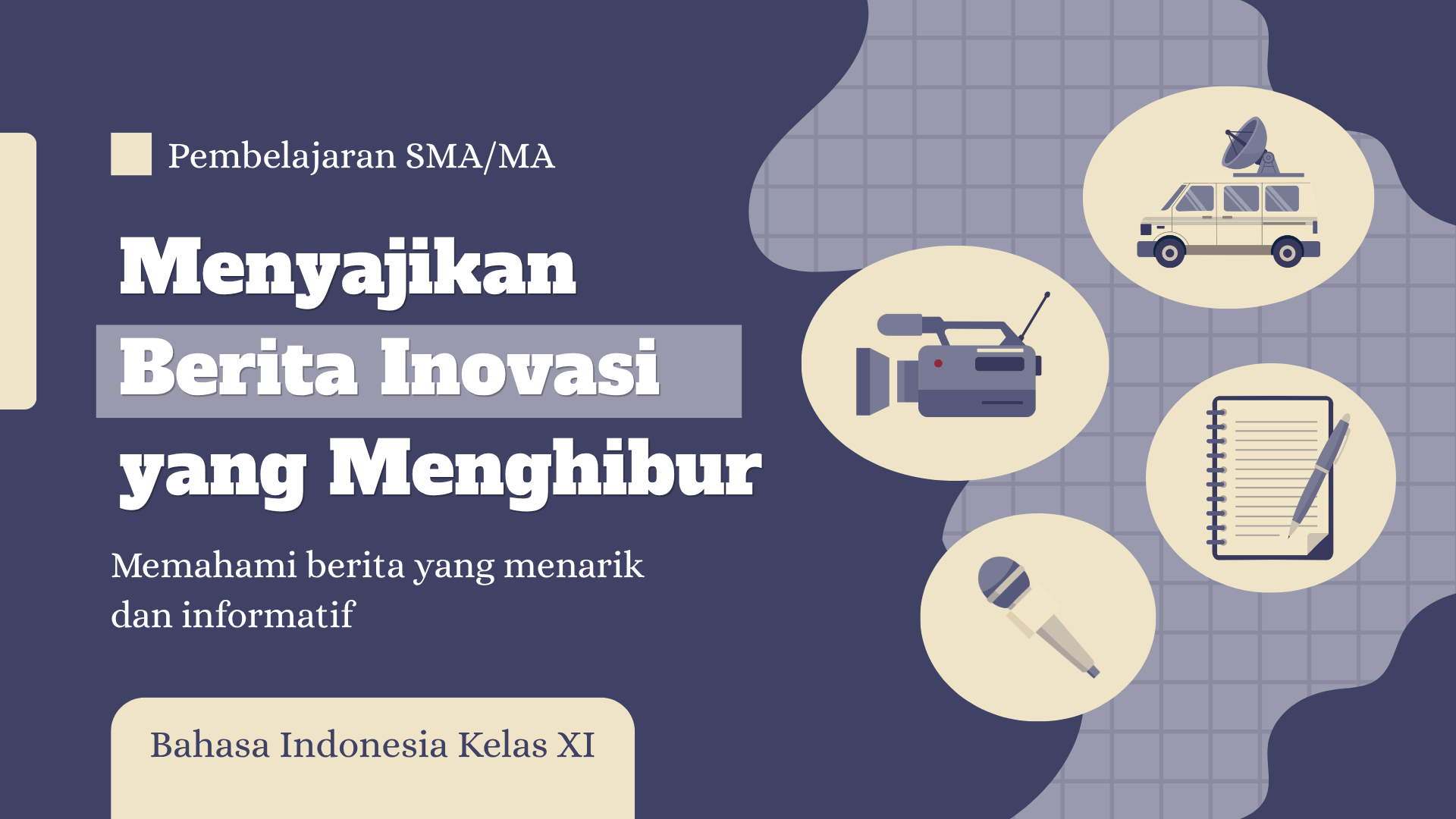 Presentasi Kuis-Menyajikan Berita Inovasi yang Menghibur dalam Gaya Ilustratif Biru dan Krem