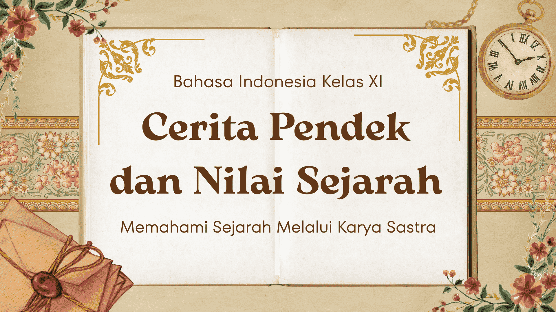 Presentasi Materi-Cerita Pendek dan Nilai Sejarah dalam Gaya Ilustratif Krem dan Cokelat
