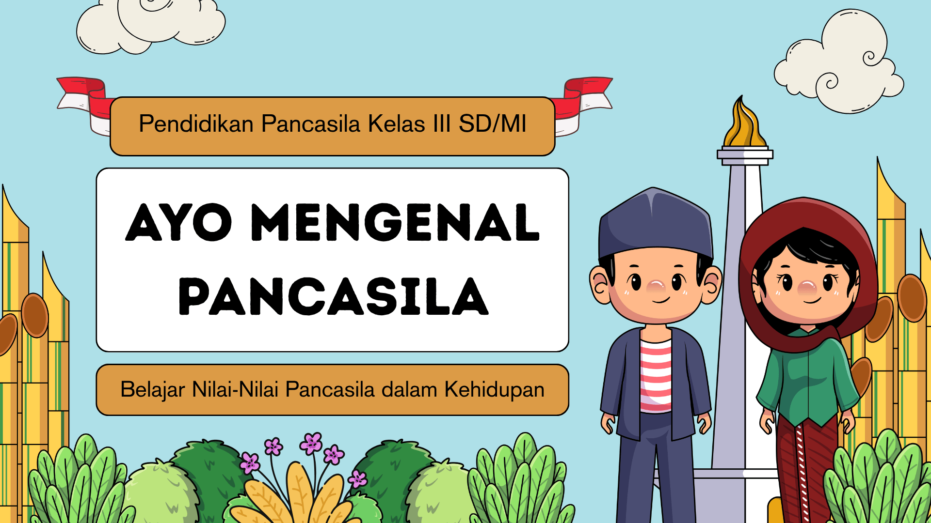 Presentasi Materi-Ayo Mengenal Pancasila dalam Gaya Ilustratif Biru dan Hijau