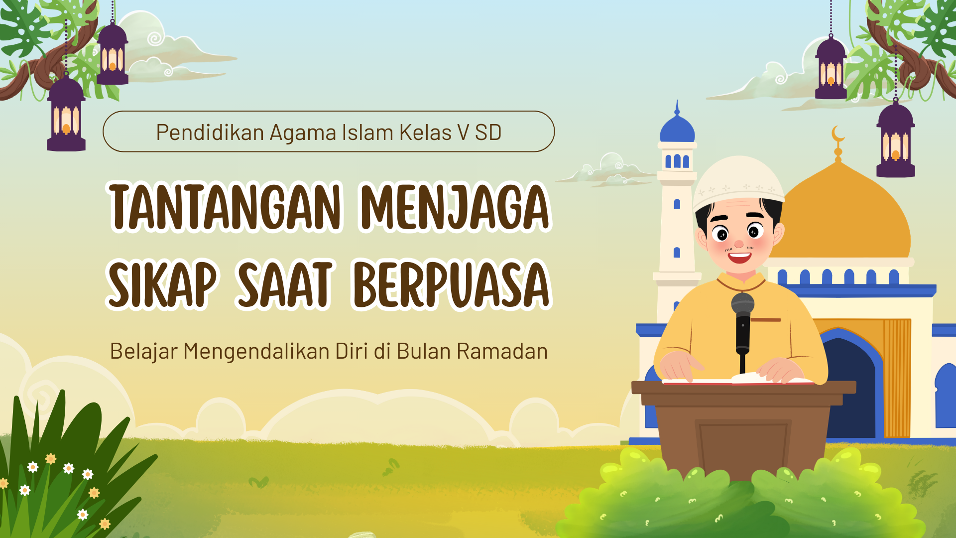 Presentasi Materi-Tantangan Menjaga Sikap Saat Berpuasa dalam Gaya Ilustratif Oranye