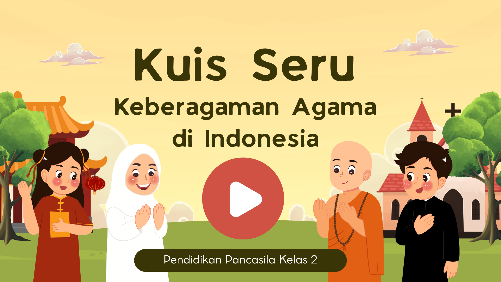 Presentasi Kuis-Keberagaman Agama di Indonesia dalam Gaya Ilustratif Oranye dan Hijau