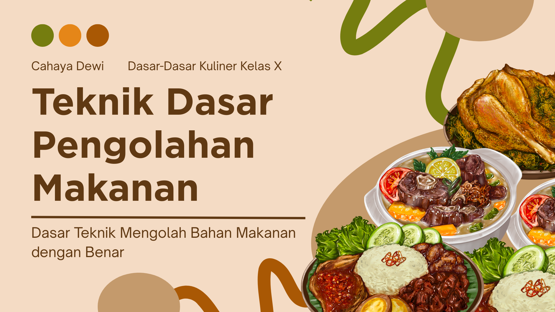 Presentasi Materi-Teknik Dasar Pengolahan Makanan dalam Gaya Ilustratif Krem dan Coklat