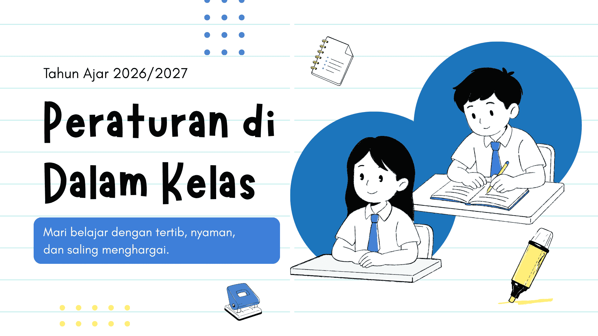 Presentasi Peraturan di Dalam Kelas dalam Gaya Ilustratif Putih dan Biru