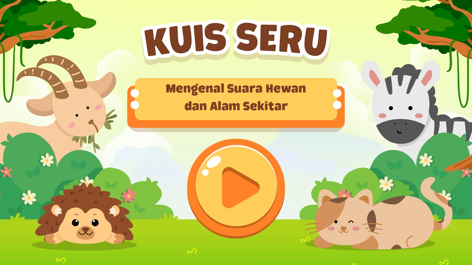 Presentasi Kuis Seru-Mengenal Suara Hewan dan Alam Sekitar Kuning dan Hijau Ilustratif Lucu