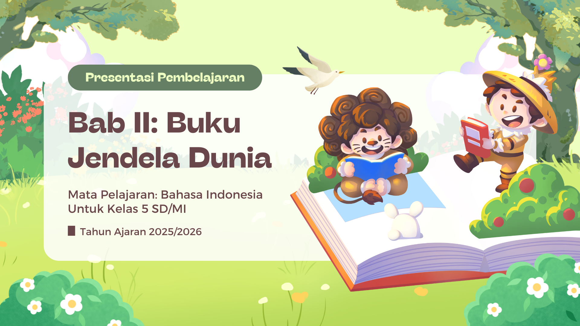 Presentasi Materi-Buku Jendela Dunia dalam Gaya Ilustratif Imut Hijau dan Coklat