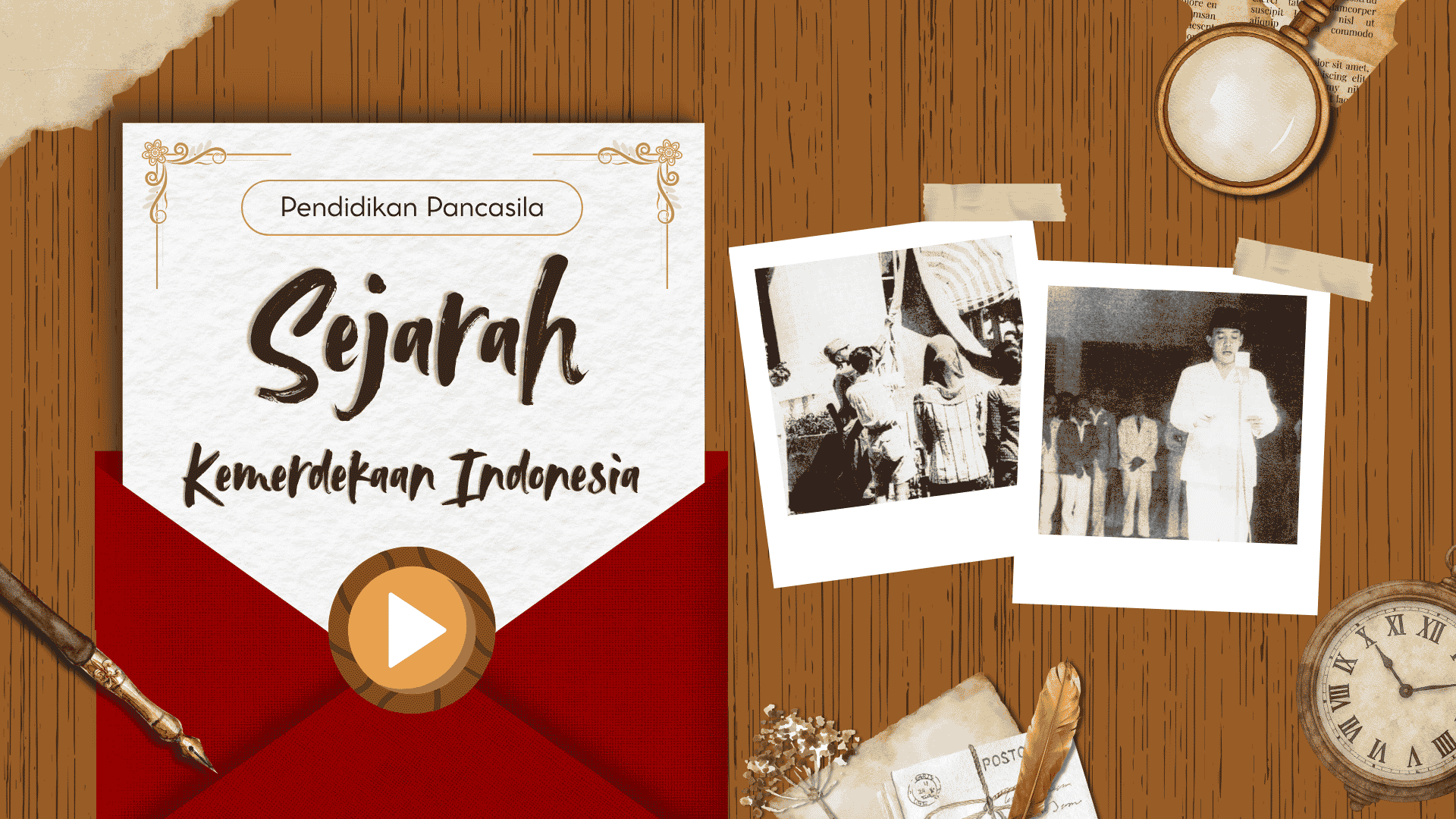 Presentasi Kuis Sejarah Kemerdekaan Indonesia dalam Gaya Kolase Coklat