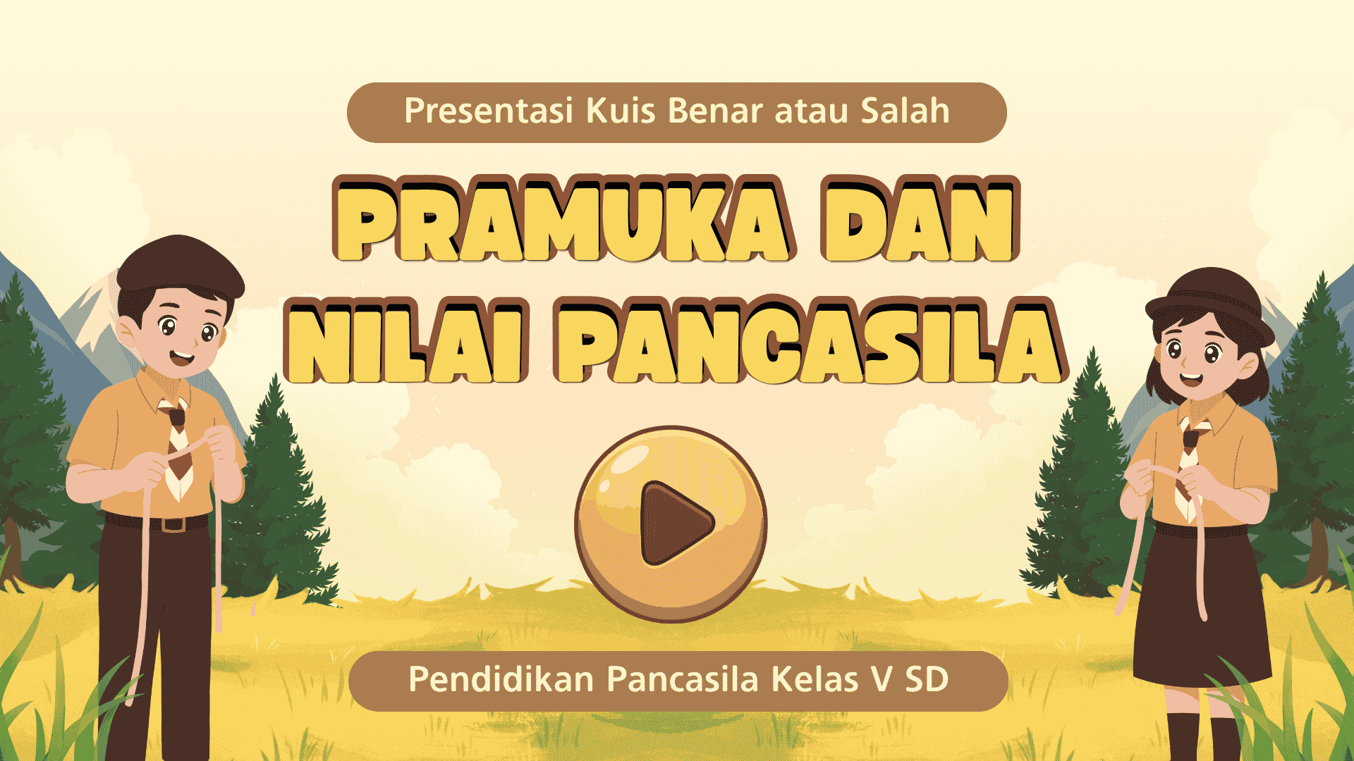 Presentasi Kuis Pramuka dan Nilai Pancasila dalam Gaya Ilustratif Krem