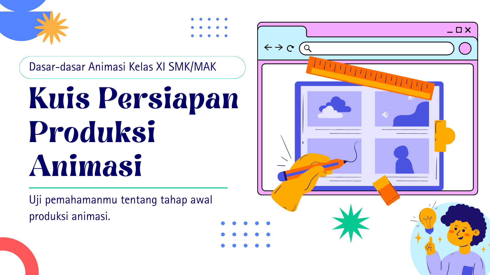 Presentasi Kuis-Persiapan Produksi Animasi dalam Gaya Ilustratif Putih Warna-warni