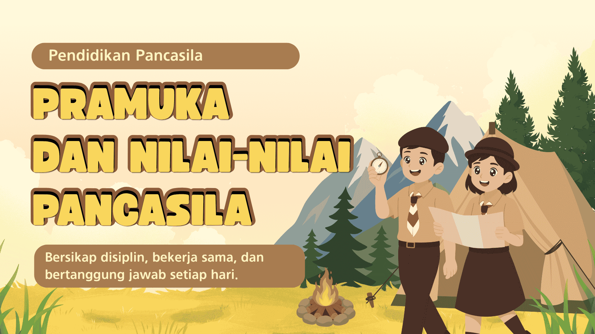 Presentasi Pramuka dan Nilai-Nilai Pancasila dalam Gaya Ilustratif Krem