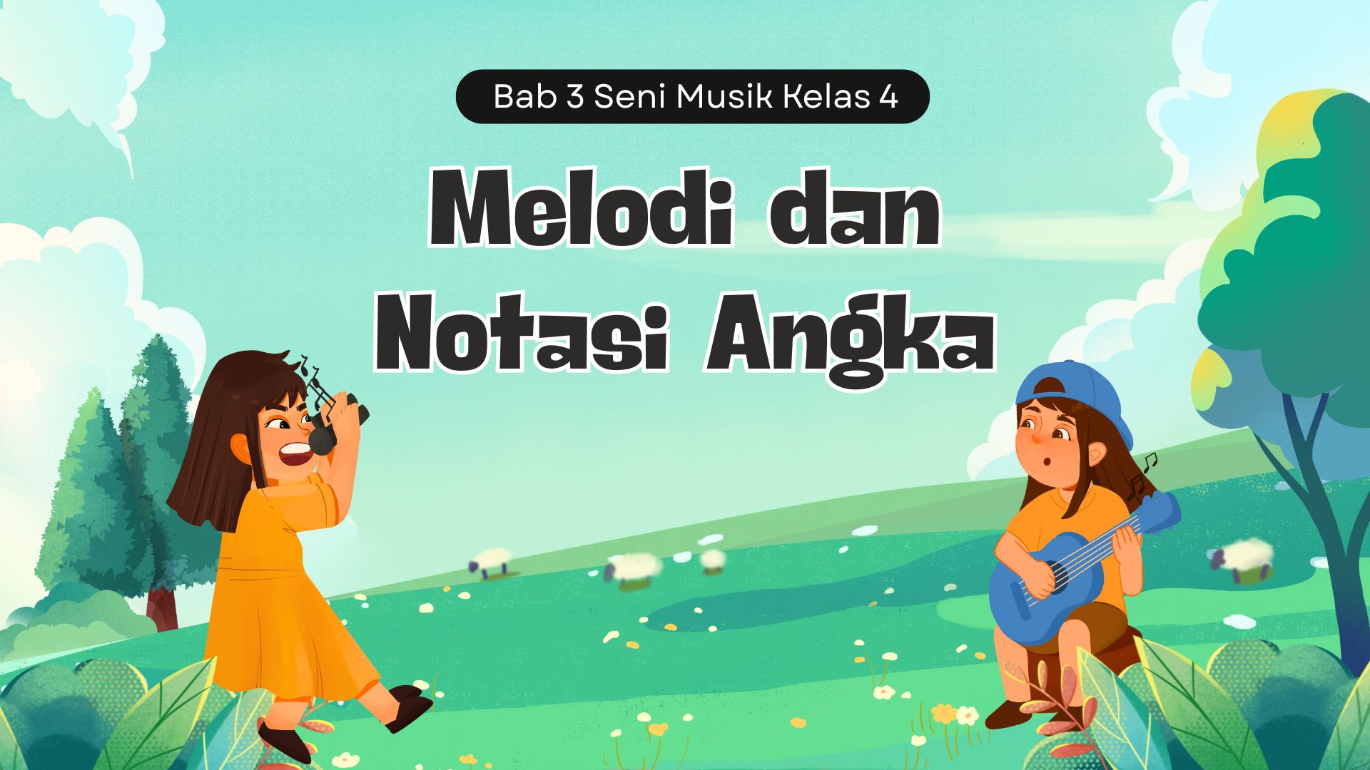 Presentasi Materi-Melodi dan Notasi Angka Hijau dan Biru Ilustratif Ceria