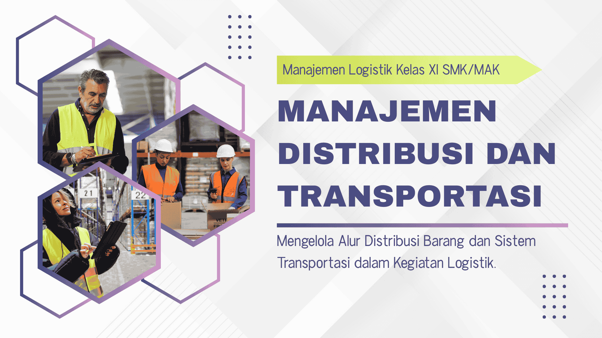 Presentasi Materi-Menejemen Distribusi dan Trasportasi dalam Gaya Ilustratif Putih dan Ungu