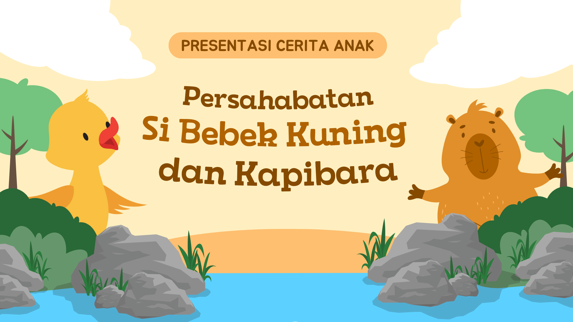 Presentasi Cerita Anak-Persahabatan Si Bebek Kuning dan Kapibara Krem Ilustratif Sederhana