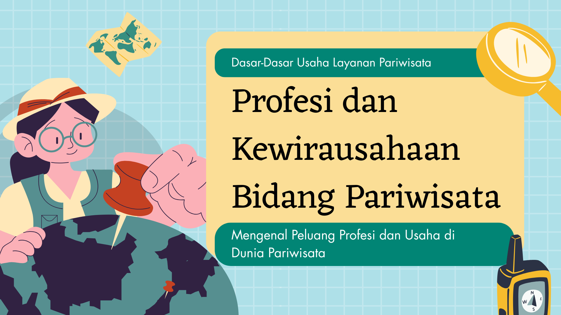 Presentasi Materi-Profesi dan Kewirausahaan Bidang Pariwisata dalam Gaya Ilustratif Biru dan Hijau