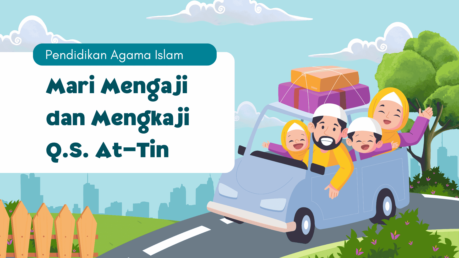 Presentasi Materi-Mari Mengaji Q.S. At-Tin dalam Gaya Ilustratif Biru dan Hijau
