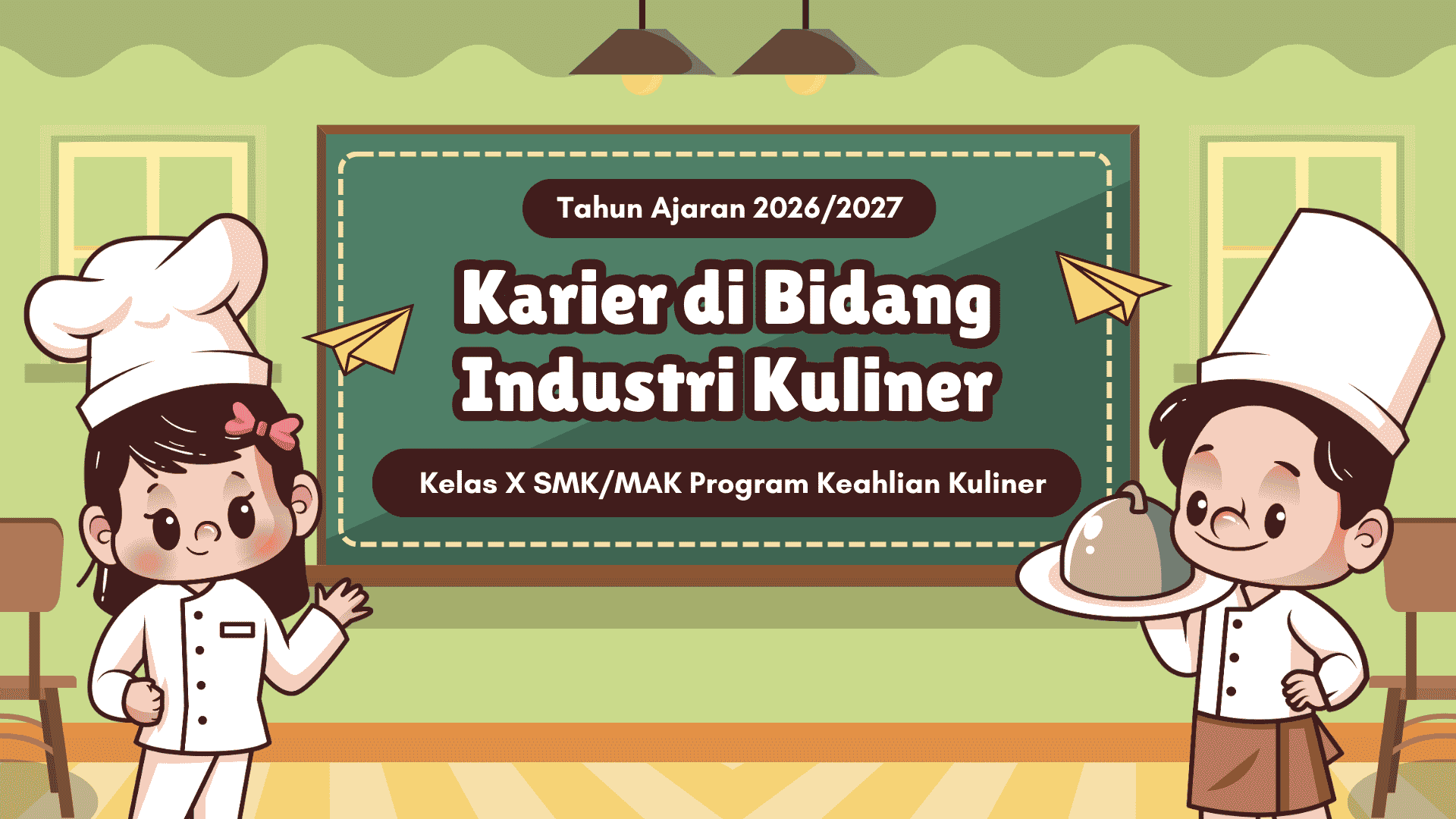 Presentasi Karier di Bidang Industri Kuliner dalam Gaya Ilustratif Imut Hijau dan Kuning