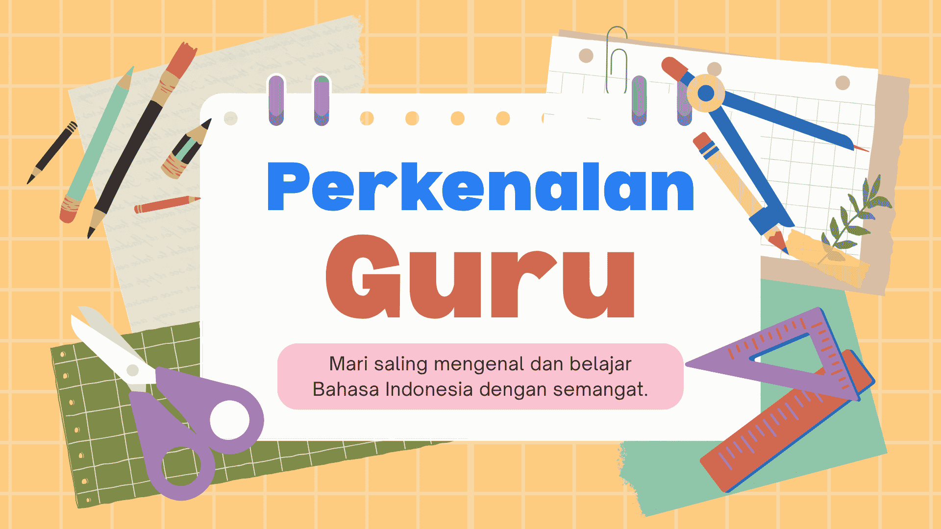 Presentasi Perkenalan Guru Bahasa Indonesia dalam Gaya Ilustratif Oranye