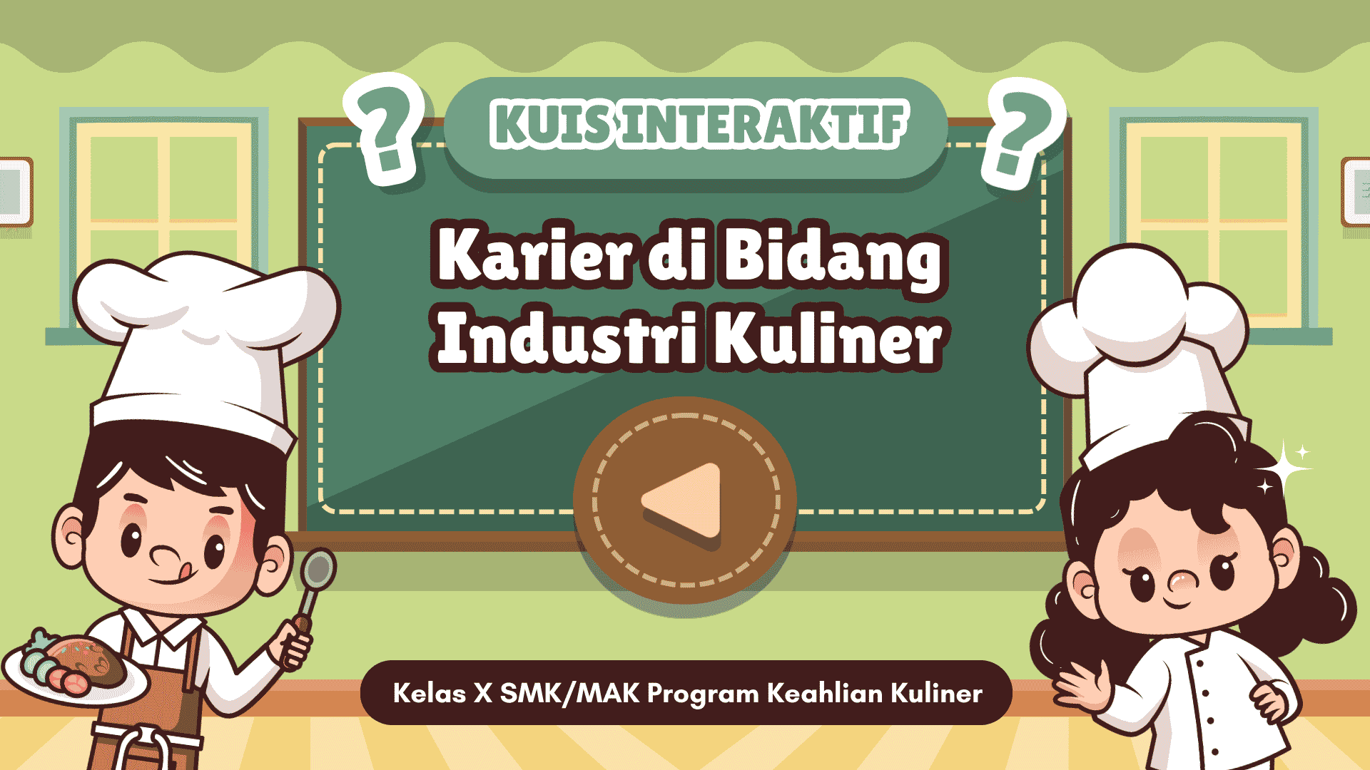Presentasi Kuis Karier di Bidang Industri Kuliner dalam Gaya Ilustratif Imut Hijau dan Coklat